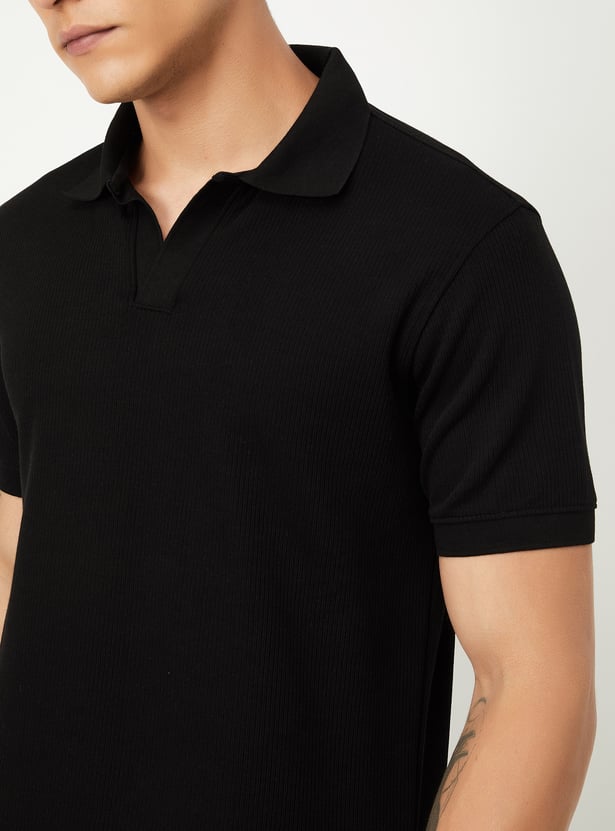 Men Ribbed Johnny Collar Polo T-shirt
