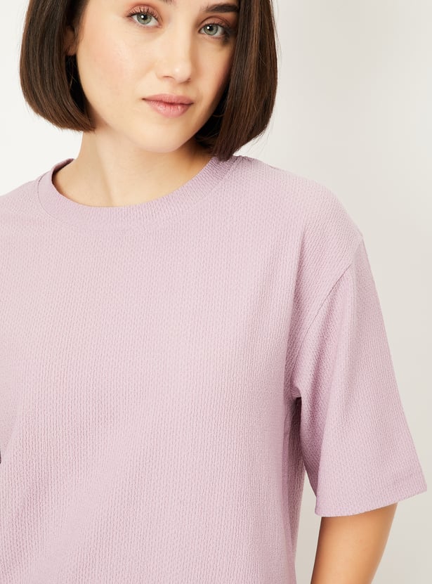 ＊ねね＊pois♡blouse tee pink Buy Women Textured T-shirt Online at just Rs. 399.0