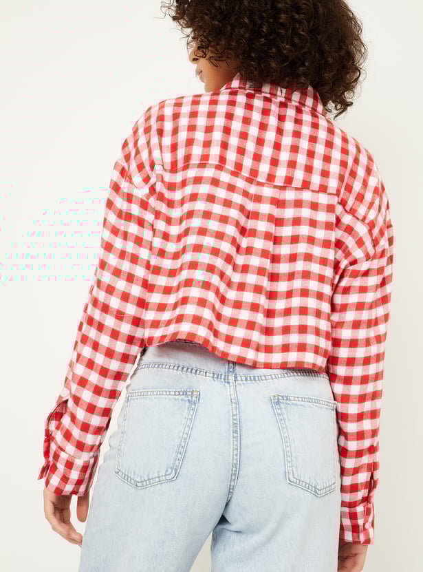 Women Checked Boxy Fit Crop Shirt
