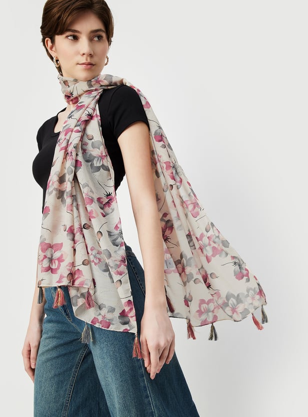 Women Floral Print Scarf with Tassels