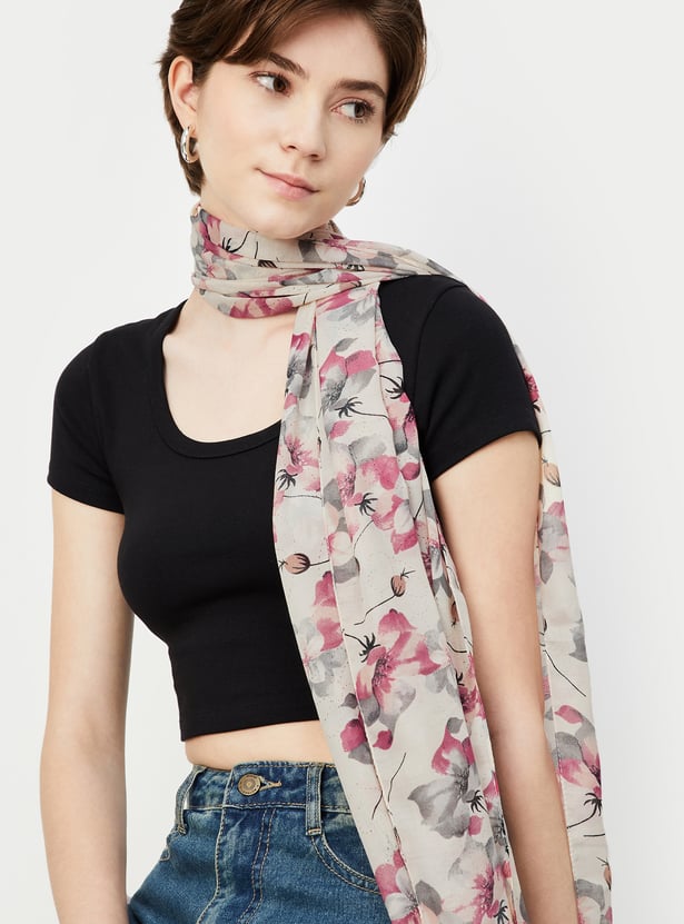 Women Floral Print Scarf with Tassels