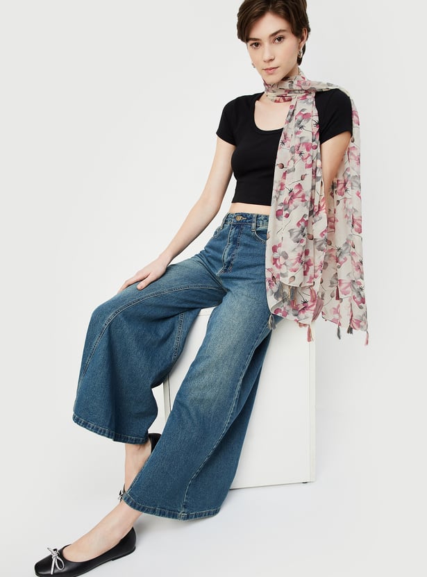 Women Floral Print Scarf with Tassels