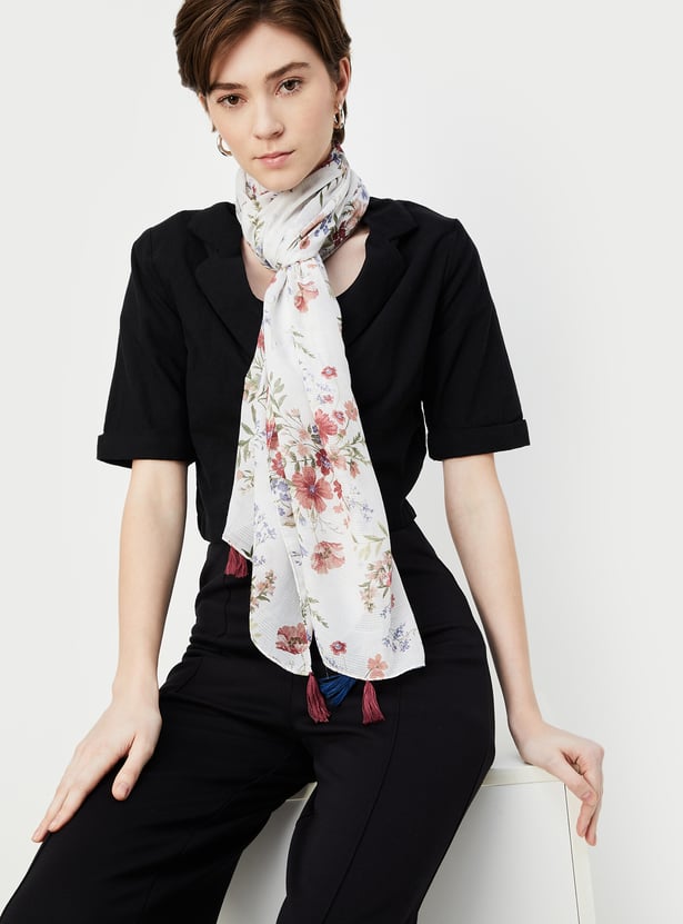 Women Floral Print Scarf with Tassels