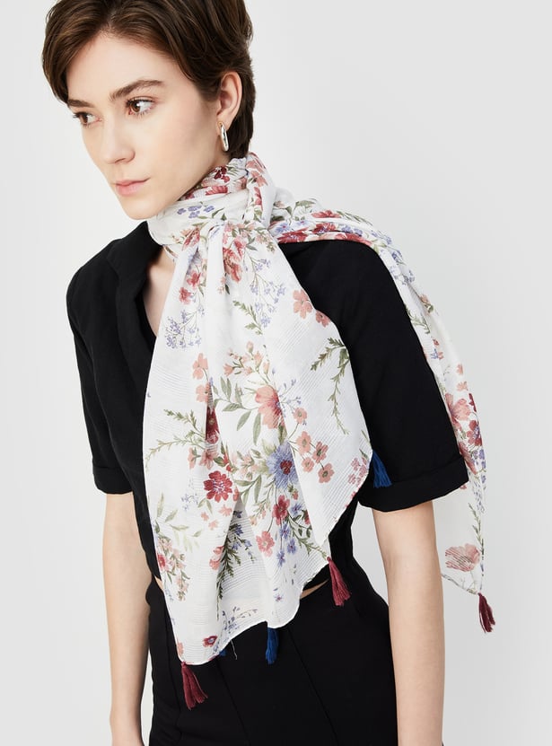 Women Floral Print Scarf with Tassels