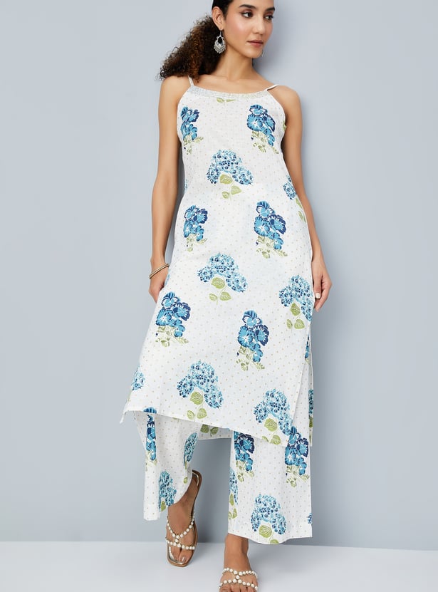 Women's Floral Printed Off White Straight Kurta Set with Dupatta