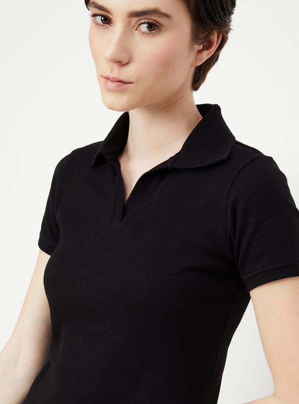 Women Ribbed Athleisure Polo T-shirt