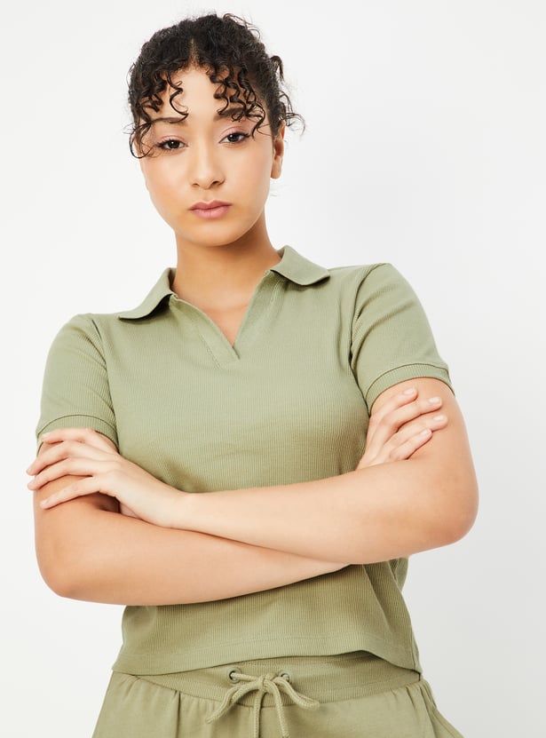 Women Ribbed Athleisure Polo T-shirt