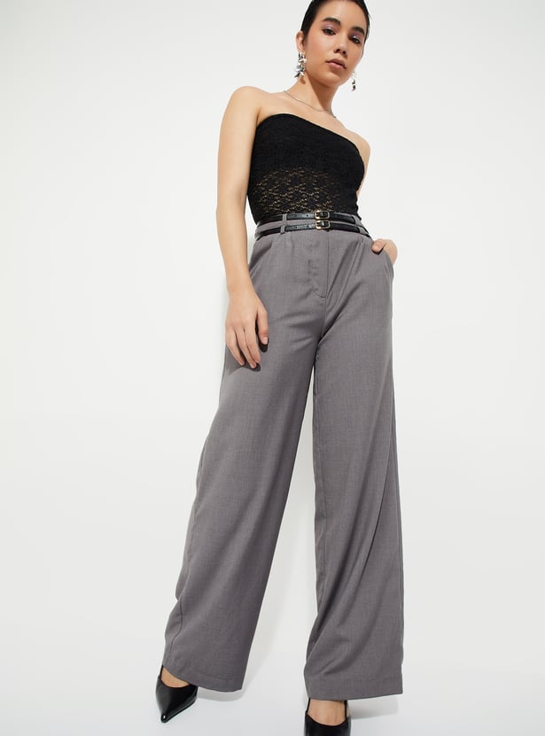 URB_N Women Solid Wide-leg Belted Trousers