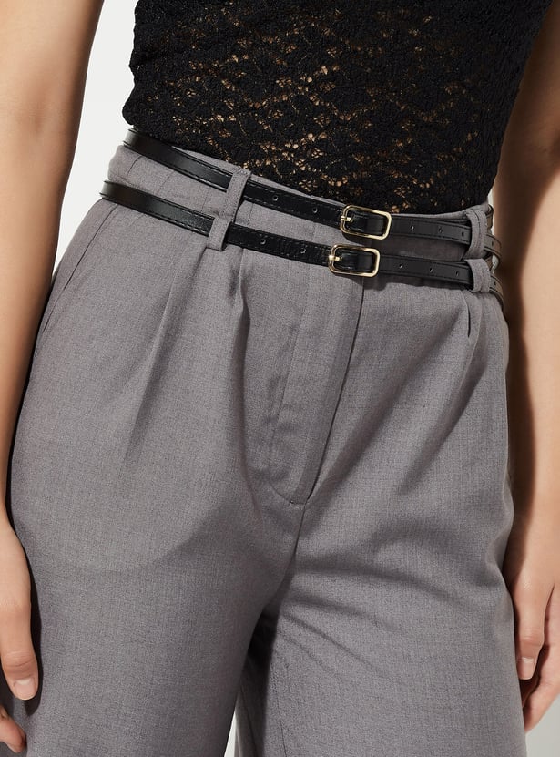 URB_N Women Solid Wide-leg Belted Trousers