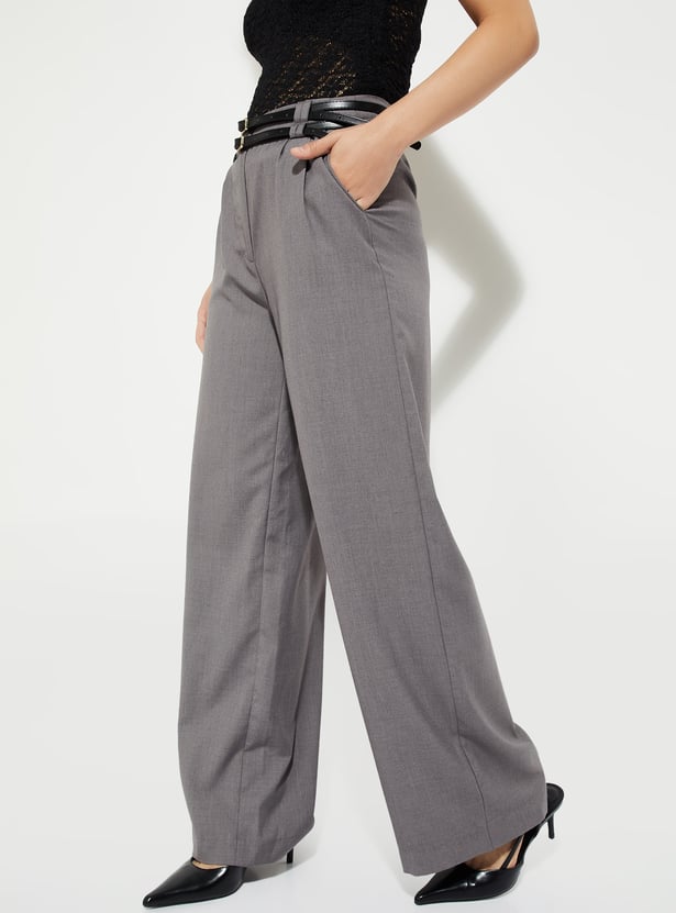 URB_N Women Solid Wide-leg Belted Trousers