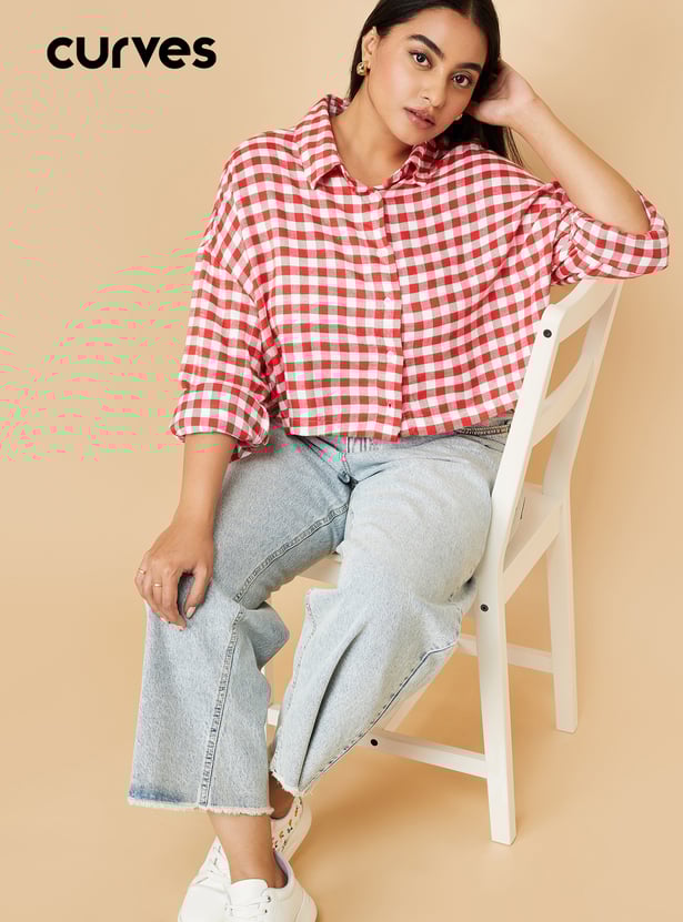 Women Checked Boxy Fit Crop Shirt