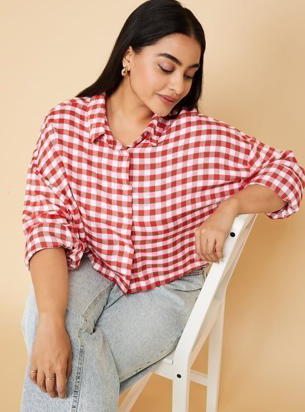Women Checked Boxy Fit Crop Shirt