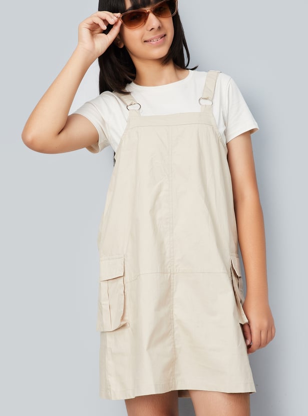 Girls Solid Cargo Pinafore Dress with T-shirt