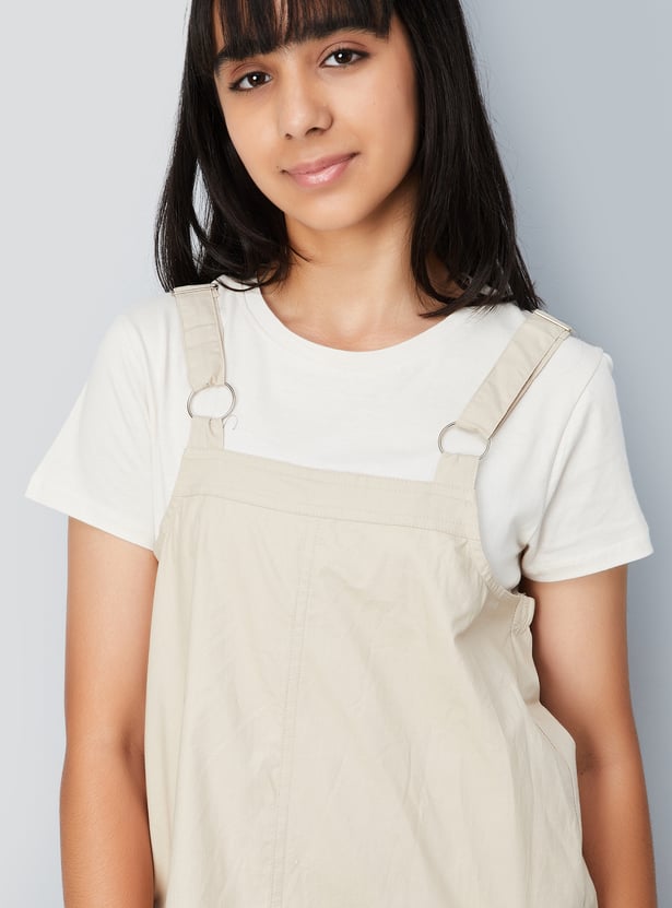 Girls Solid Cargo Pinafore Dress with T-shirt