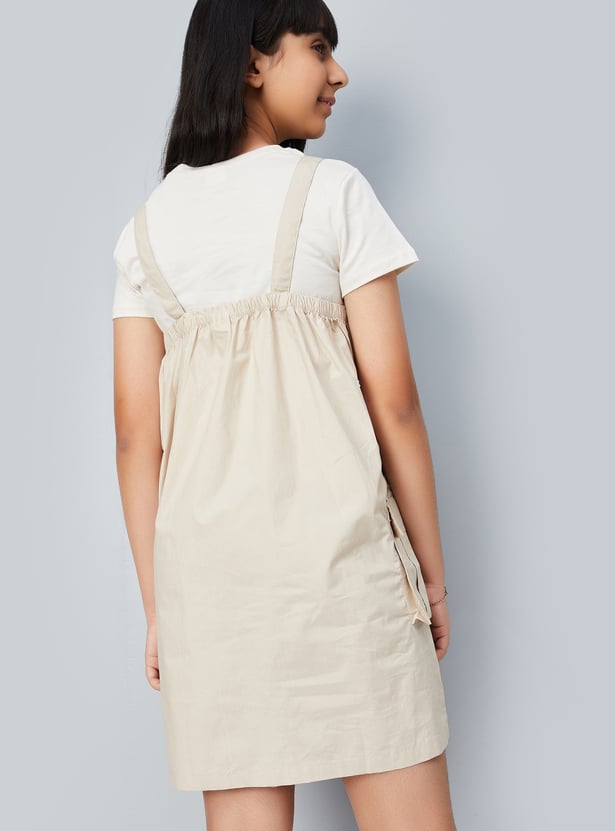 Girls Solid Cargo Pinafore Dress with T-shirt