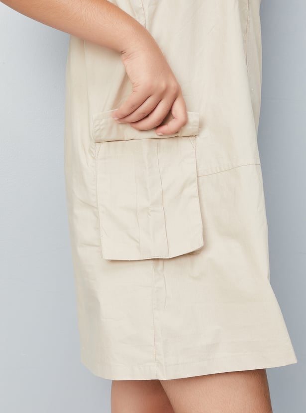 Girls Solid Cargo Pinafore Dress with T-shirt