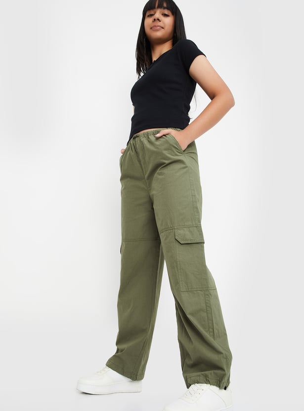 Women Solid Cargo Parachute Trousers