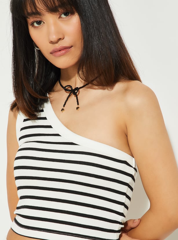 ALAYA F x URB_N Striped One Shoulder Crop Top