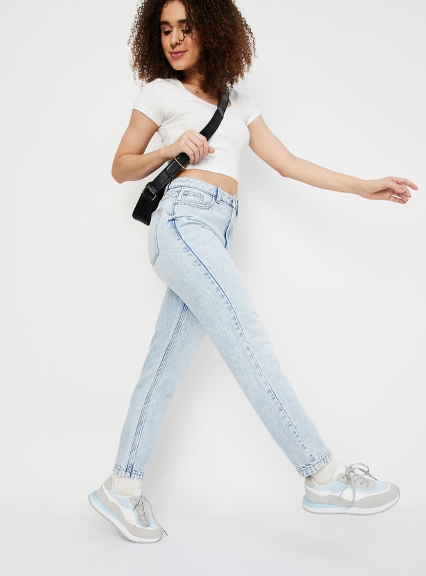 Women Washed Mom Fit Jeans