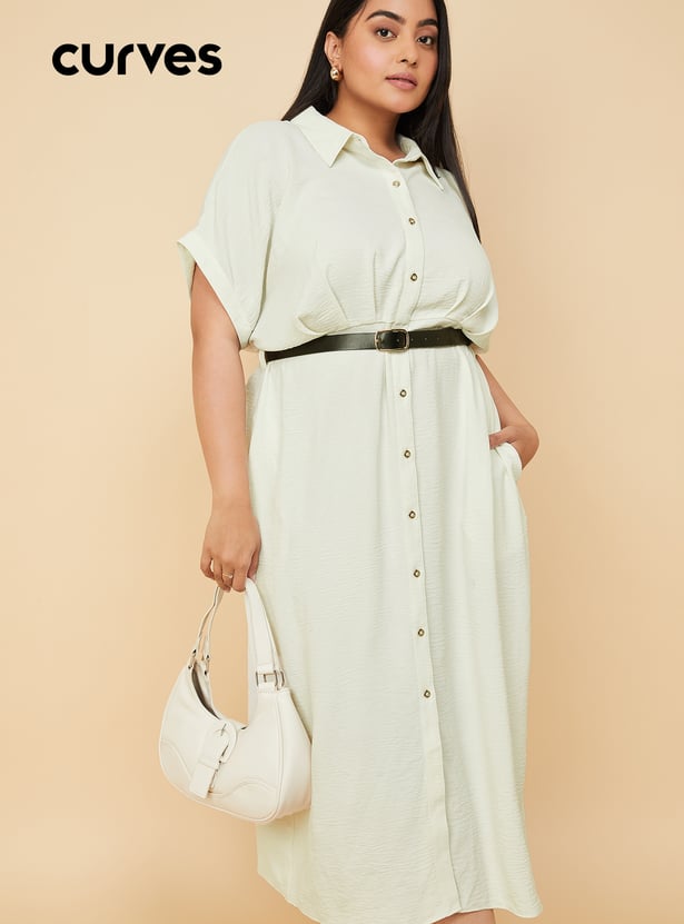 Women Solid Belted Shirt Dress