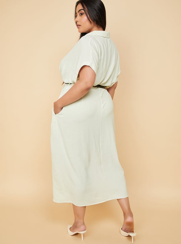 Women Solid Belted Shirt Dress