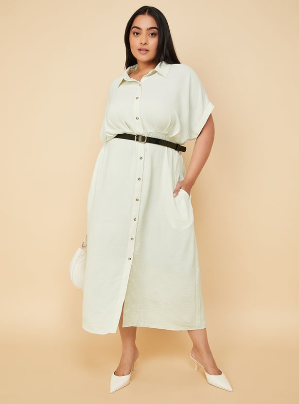 Women Solid Belted Shirt Dress