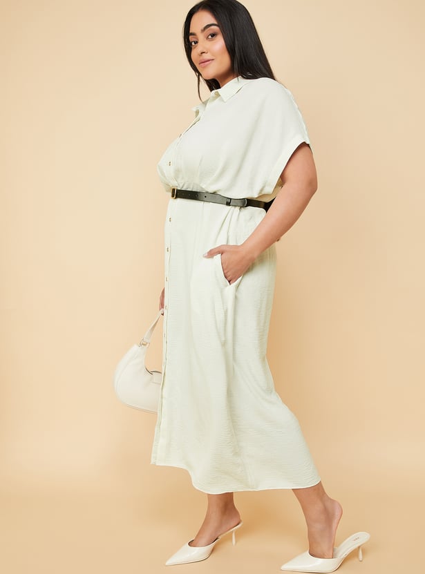 Women Solid Belted Shirt Dress