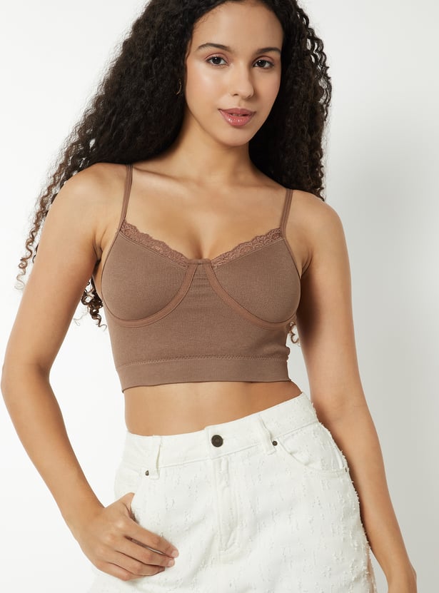 Women Ribbed Lace Inserts Cami Bra