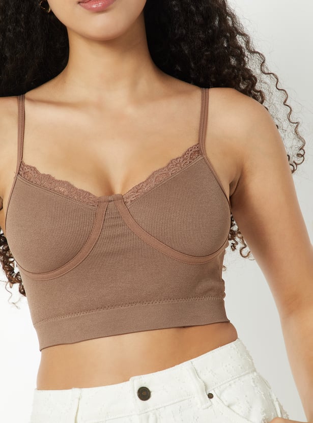 Women Ribbed Lace Inserts Cami Bra