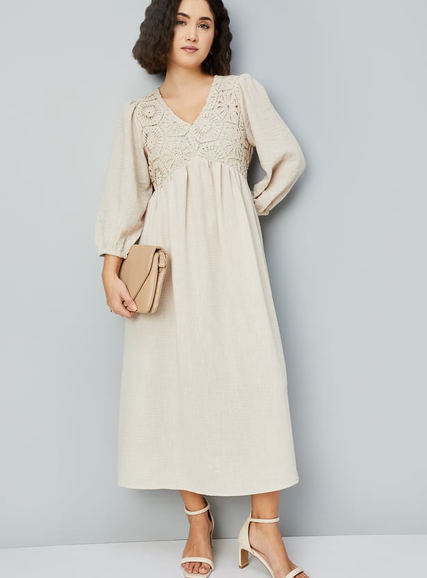 Women A-line Dress with Crochet Yoke