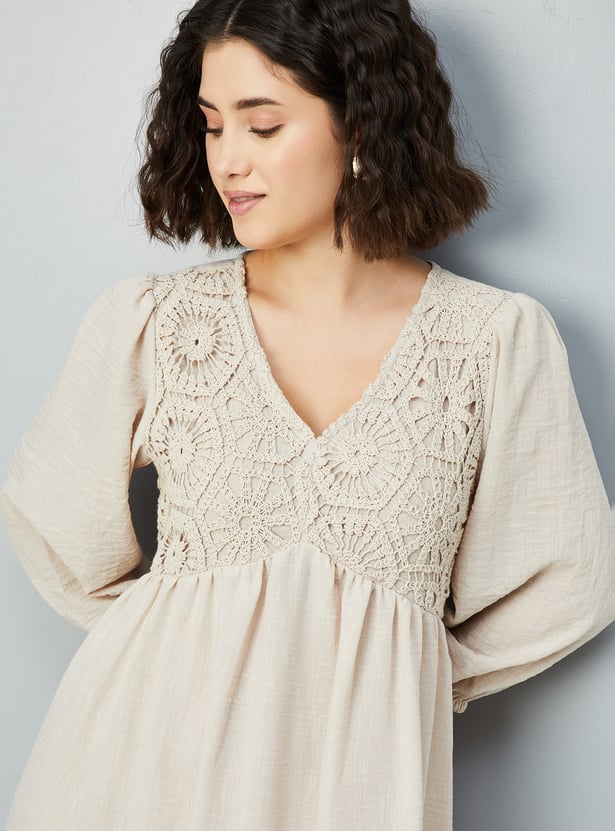 Women A-line Dress with Crochet Yoke