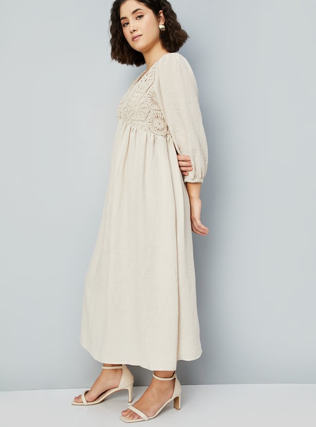 Women A-line Dress with Crochet Yoke