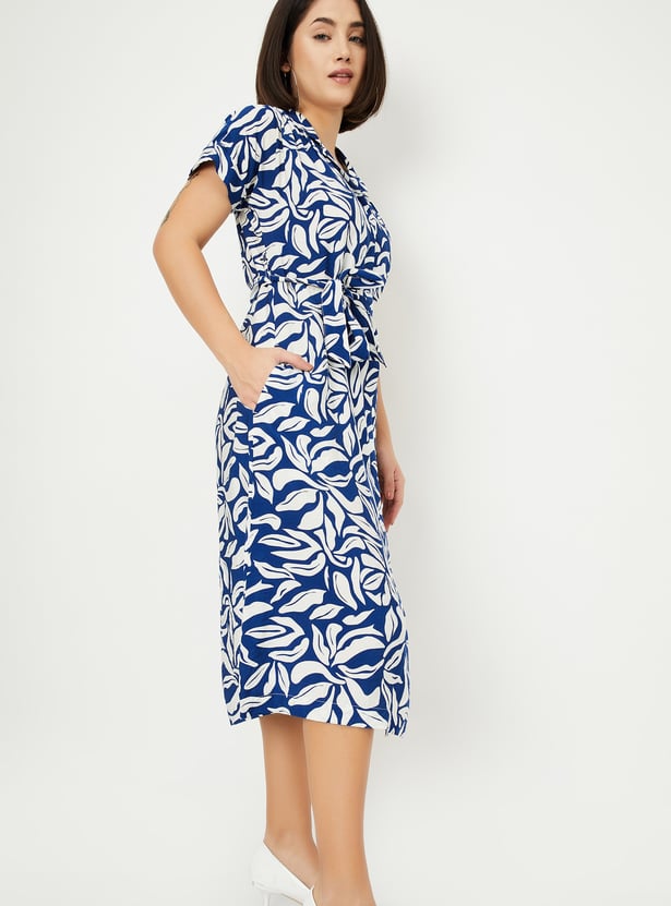 Women Blue Printed Belted Midi Shirt Dress
