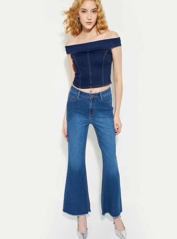 ALAYA F x URB_N Panelled Denim Off Shoulder Crop Top