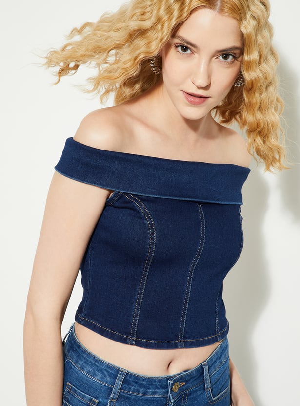 ALAYA F x URB_N Panelled Denim Off Shoulder Crop Top