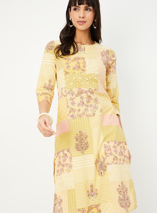 Women Red & Yellow Floral Printed Straight Kurta