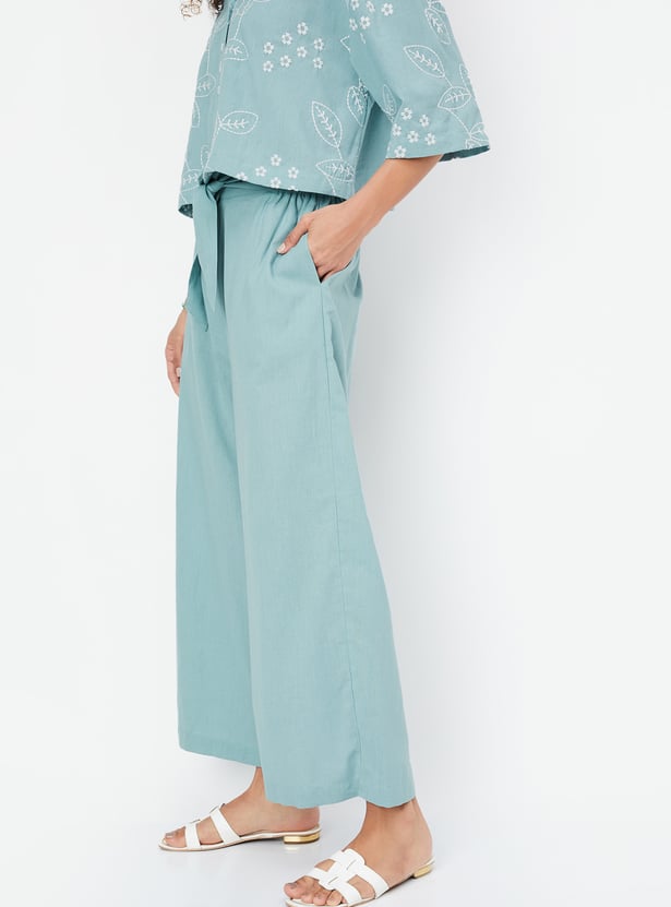 Women Solid Tie-Up Waist Palazzos