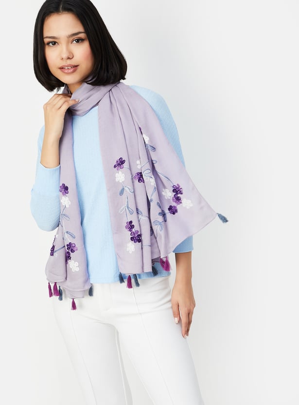 Women Floral Print Scarf with Tassels