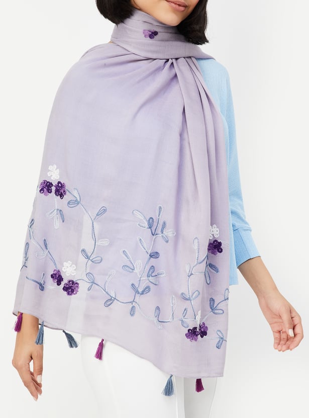 Women Floral Print Scarf with Tassels