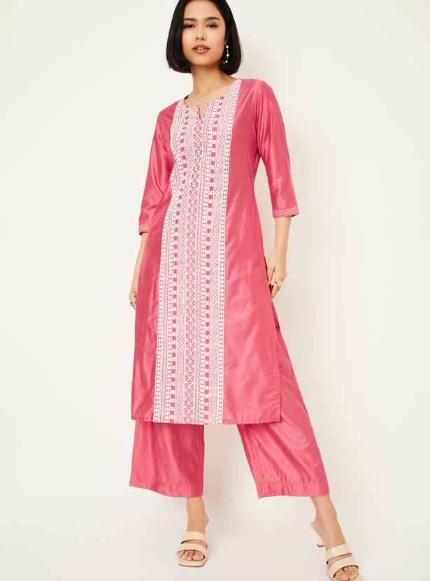 Women Grey Embroidered Straight Kurta Trousers Set