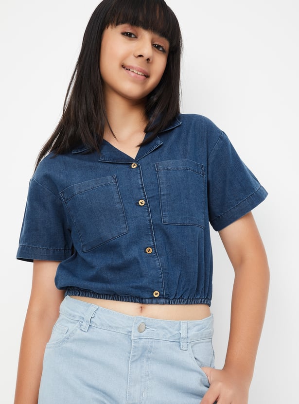 Girls Solid Crop Shirt-style Top