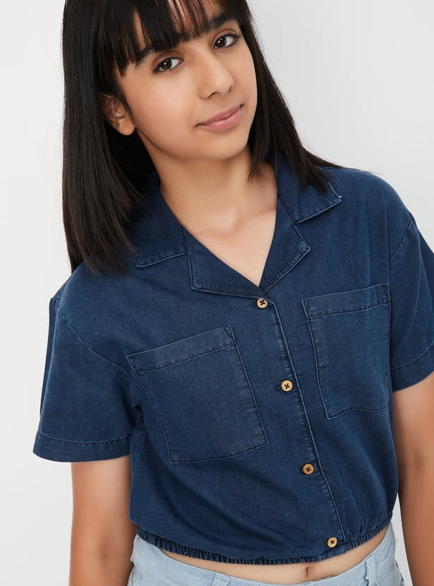 Girls Solid Crop Shirt-style Top