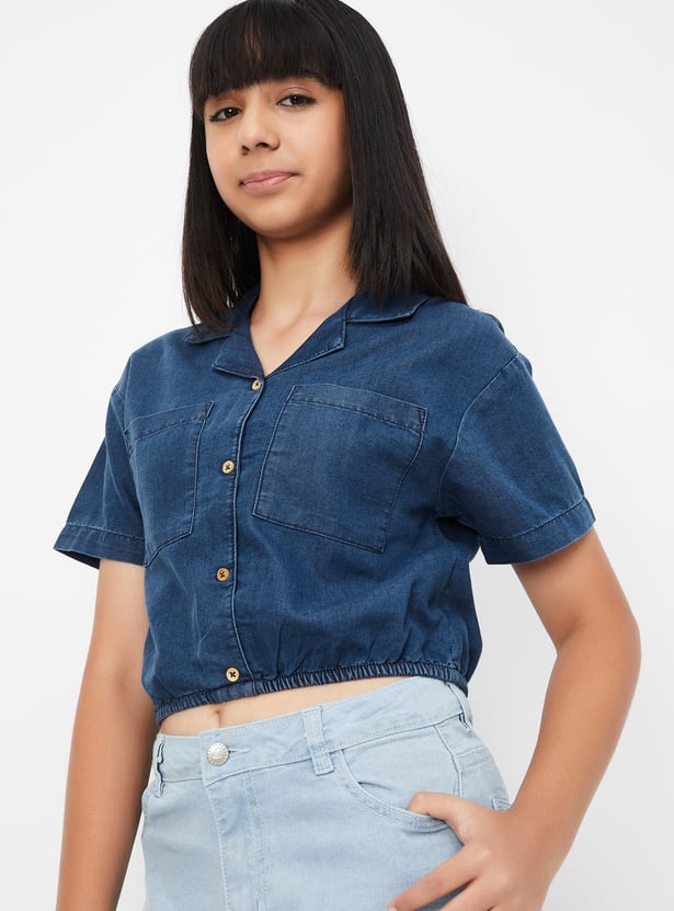 Girls Solid Crop Shirt-style Top