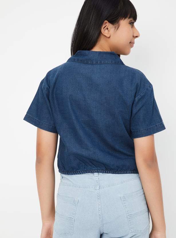 Girls Solid Crop Shirt-style Top