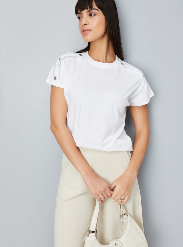 Women Solid Top with Button Tabs