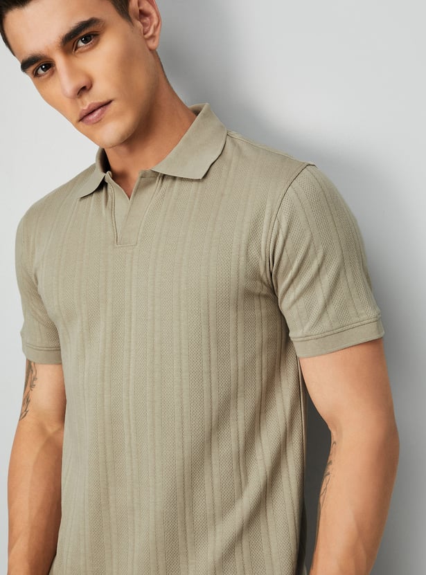 Men Ribbed Knit Polo T-shirt