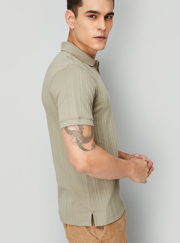 Men Ribbed Knit Polo T-shirt