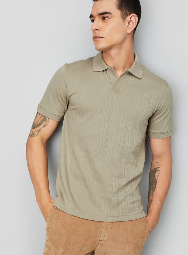 Men Ribbed Knit Polo T-shirt