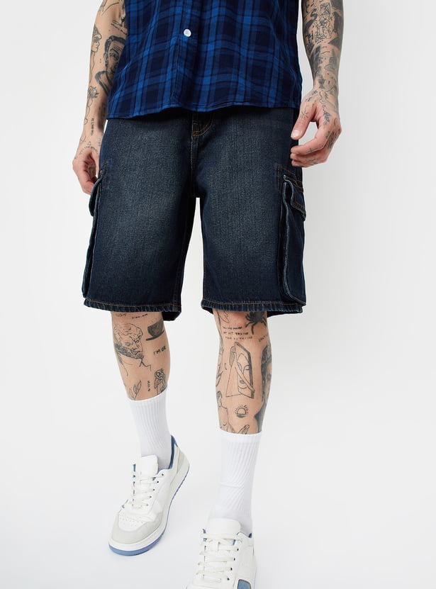 Men Washed Cargo Denim Shorts
