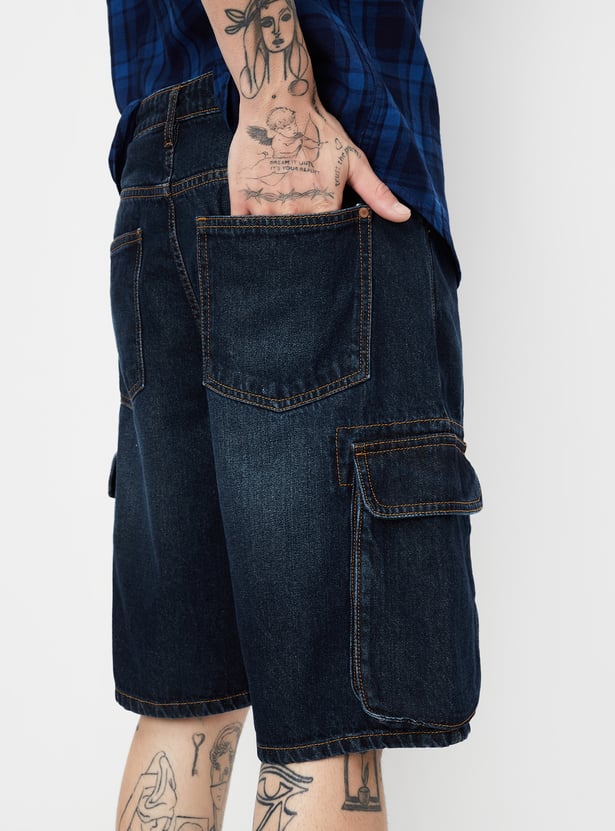 Men Washed Cargo Denim Shorts